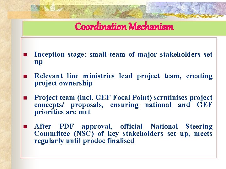 Coordination Mechanism n Inception stage: small team of major stakeholders set up n Relevant