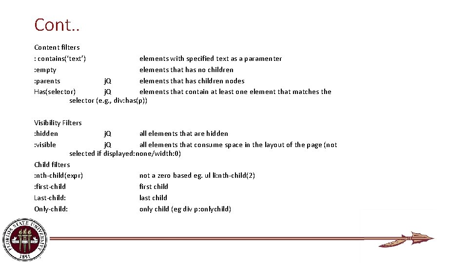 Cont. . Content filters : contains(‘text’) elements with specified text as a paramenter :