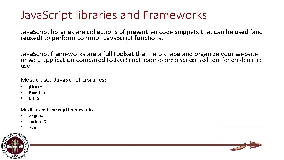 Java. Script libraries and Frameworks Java. Script libraries are collections of prewritten code snippets