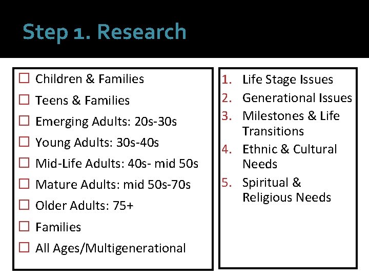 Step 1. Research � � � � � Children & Families Teens & Families