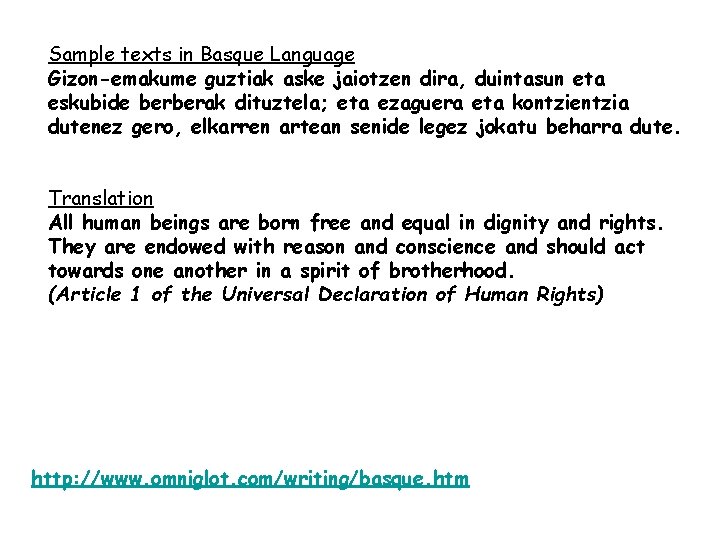 Sample texts in Basque Language Gizon-emakume guztiak aske jaiotzen dira, duintasun eta eskubide berberak