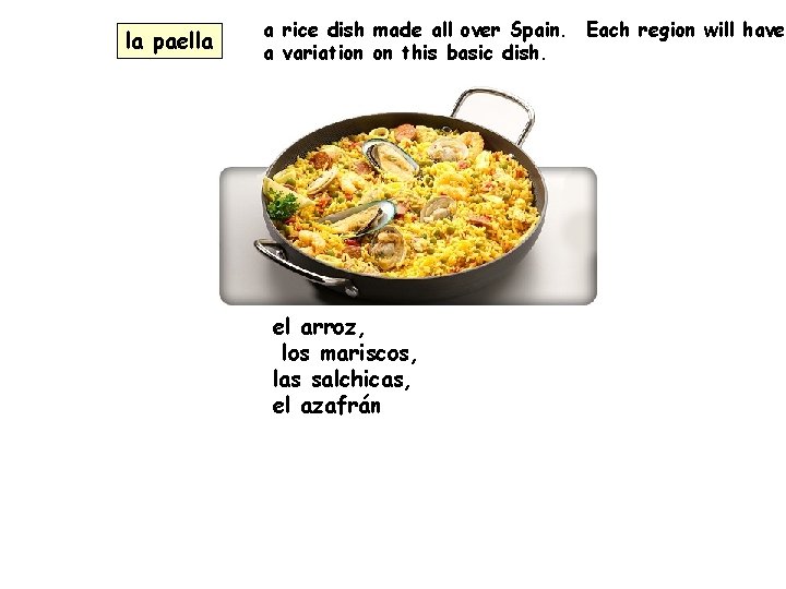 la paella a rice dish made all over Spain. Each region will have a