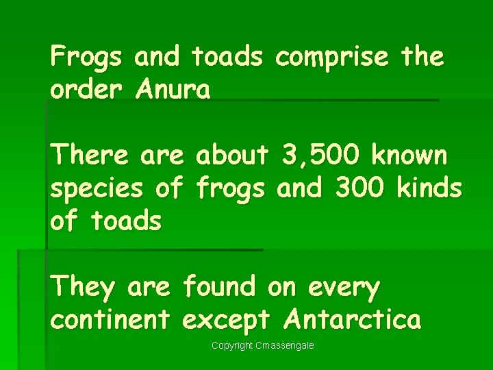 Frogs order and toads comprise the Anura There are species of of toads They