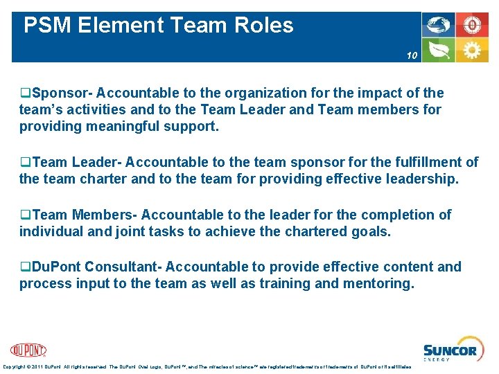 PSM Element Team Roles 10 q. Sponsor- Accountable to the organization for the impact