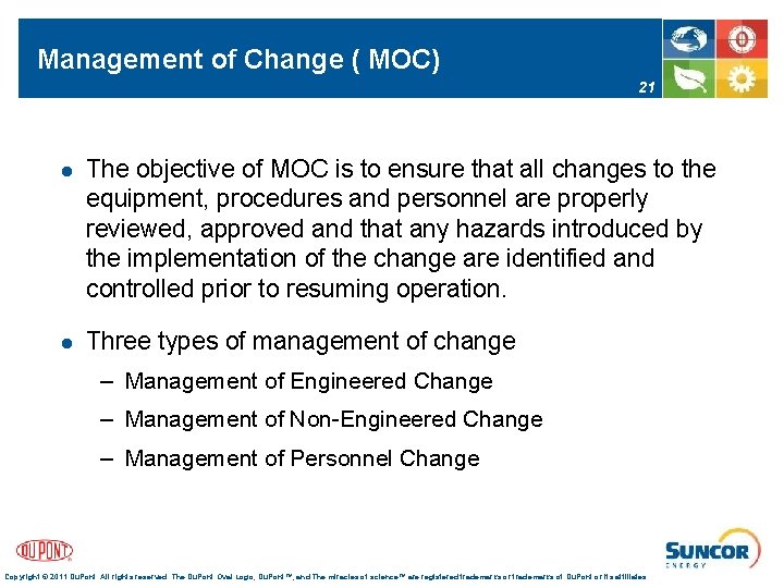 Management of Change ( MOC) 21 l The objective of MOC is to ensure