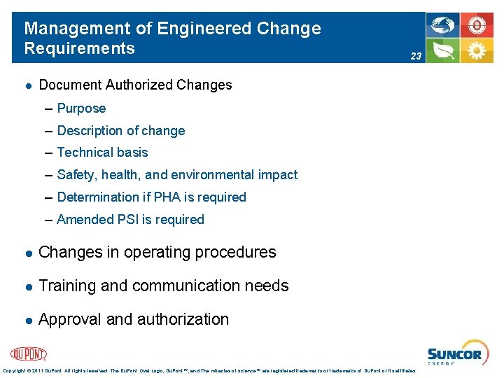 Management of Engineered Change Requirements l 23 Document Authorized Changes – Purpose – Description