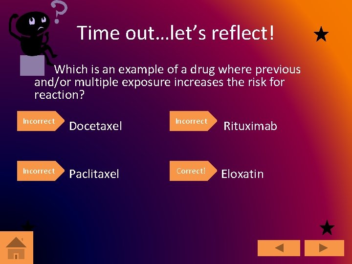 Time out…let’s reflect! Which is an example of a drug where previous and/or multiple