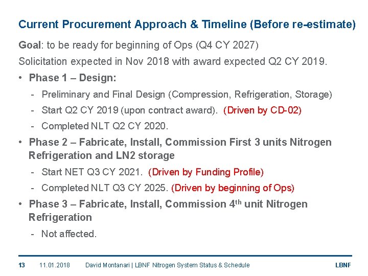 Current Procurement Approach & Timeline (Before re-estimate) Goal: to be ready for beginning of