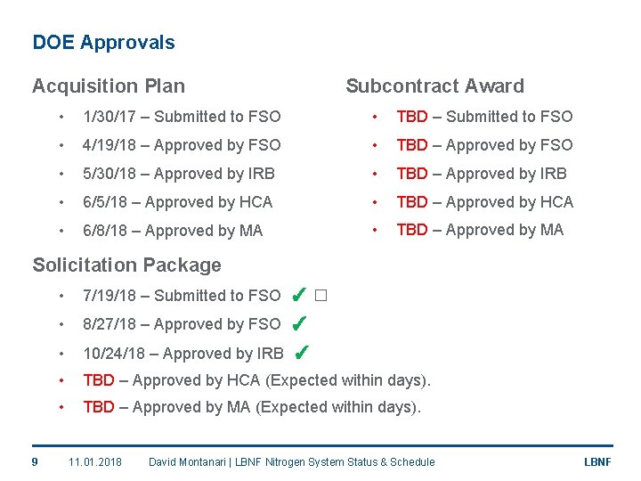 DOE Approvals Acquisition Plan Subcontract Award • 1/30/17 – Submitted to FSO • TBD