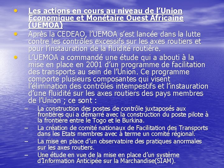  • • • Les actions en cours au niveau de l’Union Economique et