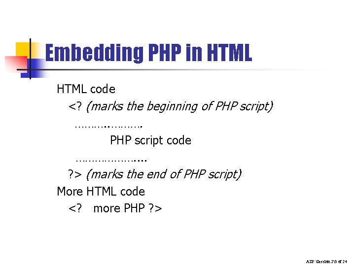 Embedding PHP in HTML code <? (marks the beginning of PHP script) ………. PHP Embedding PHP in HTML code <? (marks the beginning of PHP script) ………. PHP