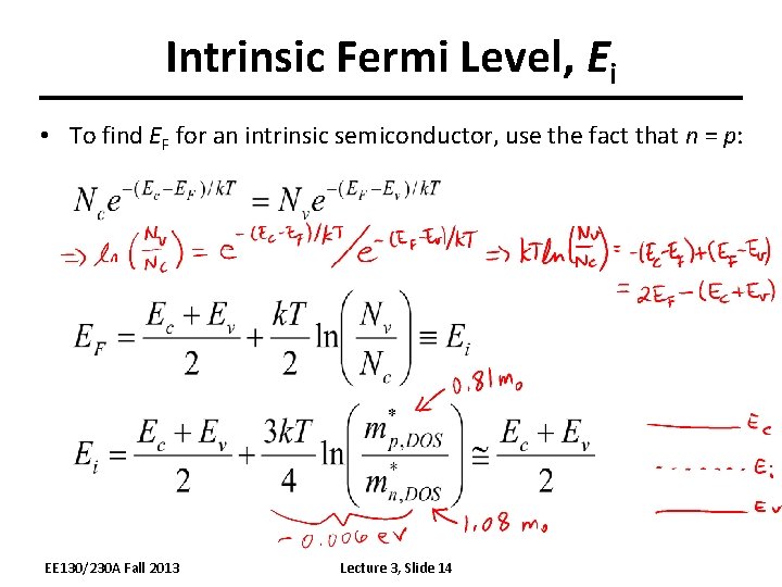 Intrinsic Fermi Level, Ei • To find EF for an intrinsic semiconductor, use the