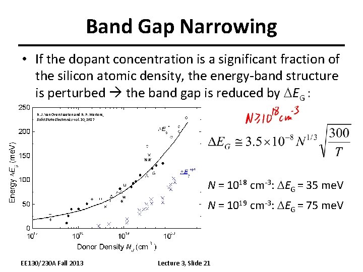 Band Gap Narrowing • If the dopant concentration is a significant fraction of the