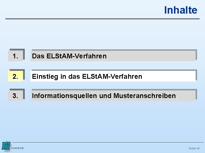 Inhalte 1. Das ELSt. AM-Verfahren 2. Einstieg in das ELSt. AM-Verfahren 3. Informationsquellen und