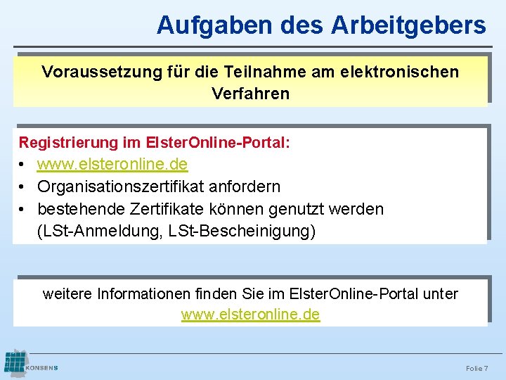 Aufgaben des Arbeitgebers Voraussetzung für die Teilnahme am elektronischen Verfahren Registrierung im Elster. Online-Portal: