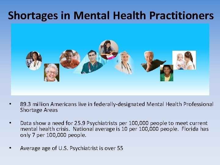 Shortages in Mental Health Practitioners • 89. 3 million Americans live in federally-designated Mental