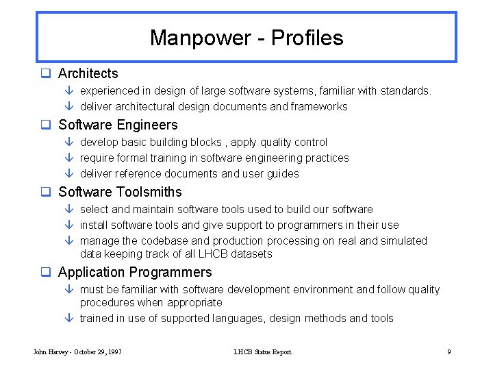 Manpower - Profiles q Architects â experienced in design of large software systems, familiar