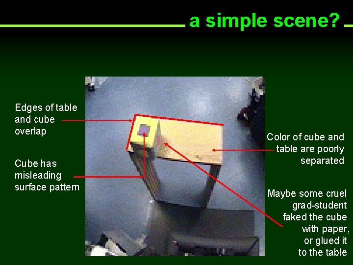 a simple scene? Edges of table and cube overlap Cube has misleading surface pattern