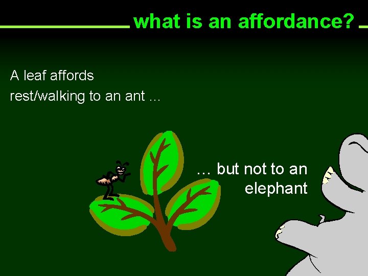 what is an affordance? A leaf affords rest/walking to an ant … … but