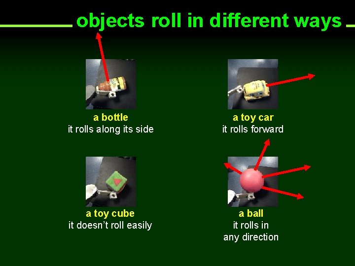 objects roll in different ways a bottle it rolls along its side a toy