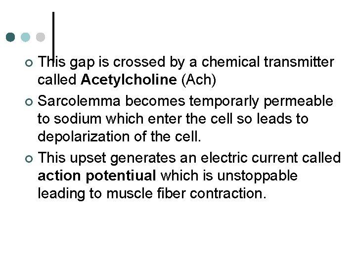 This gap is crossed by a chemical transmitter called Acetylcholine (Ach) ¢ Sarcolemma becomes