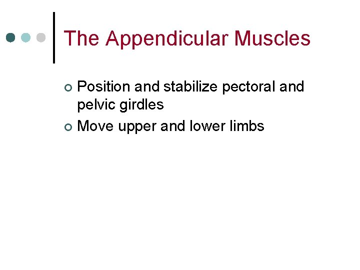 The Appendicular Muscles Position and stabilize pectoral and pelvic girdles ¢ Move upper and