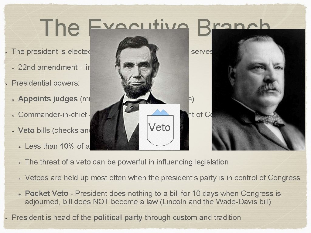 The Executive Branch The president is elected by the Electoral College and serves a