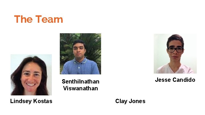 The Team Jesse Candido Senthilnathan Viswanathan Lindsey Kostas Clay Jones 