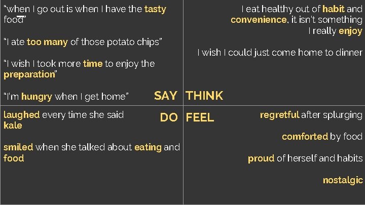 “when I go out is when I have the tasty food” I eat healthy