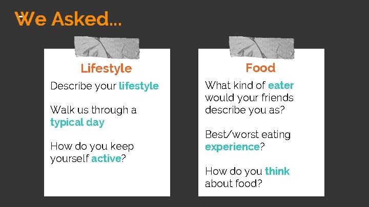 We Asked. . . Lifestyle Describe your lifestyle Walk us through a typical day