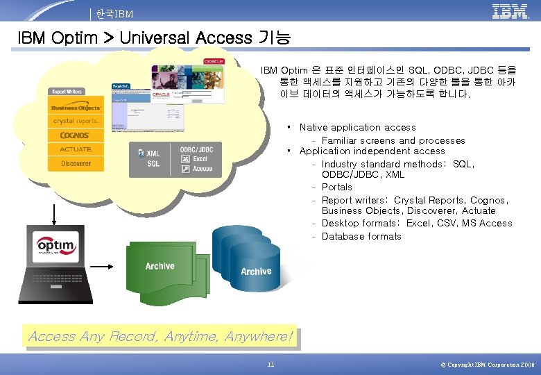 한국IBM Optim > Universal Access 기능 IBM Optim 은 표준 인터페이스인 SQL, ODBC, JDBC