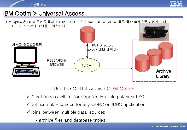 한국IBM Optim > Universal Access IBM Optim 은 ODM 옵션을 통하여 표준 인터페이스인 SQL,