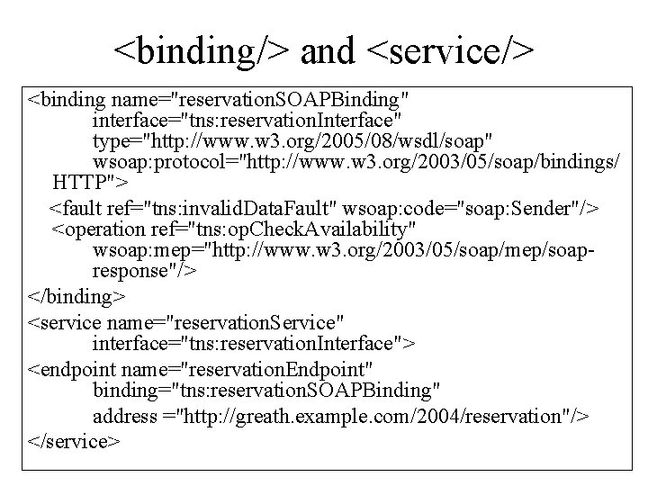 <binding/> and <service/> <binding name="reservation. SOAPBinding" interface="tns: reservation. Interface" type="http: //www. w 3. org/2005/08/wsdl/soap"