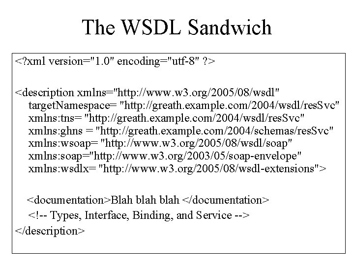 The WSDL Sandwich <? xml version="1. 0" encoding="utf-8" ? > <description xmlns="http: //www. w