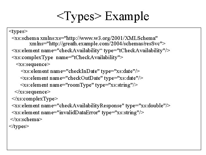 <Types> Example <types> <xs: schema xmlns: xs="http: //www. w 3. org/2001/XMLSchema" xmlns="http: //greath. example.