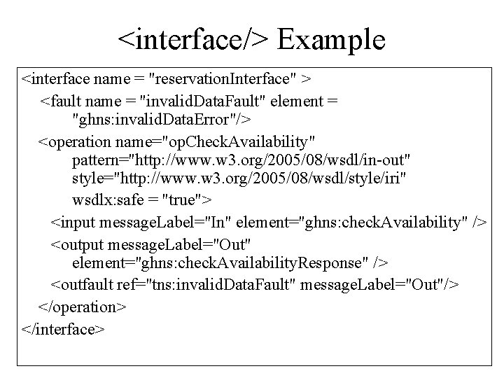 <interface/> Example <interface name = "reservation. Interface" > <fault name = "invalid. Data. Fault"