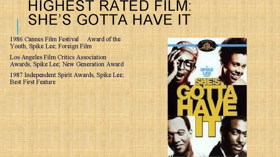 HIGHEST RATED FILM: SHE’S GOTTA HAVE IT 1986 Cannes Film Festival Award of the