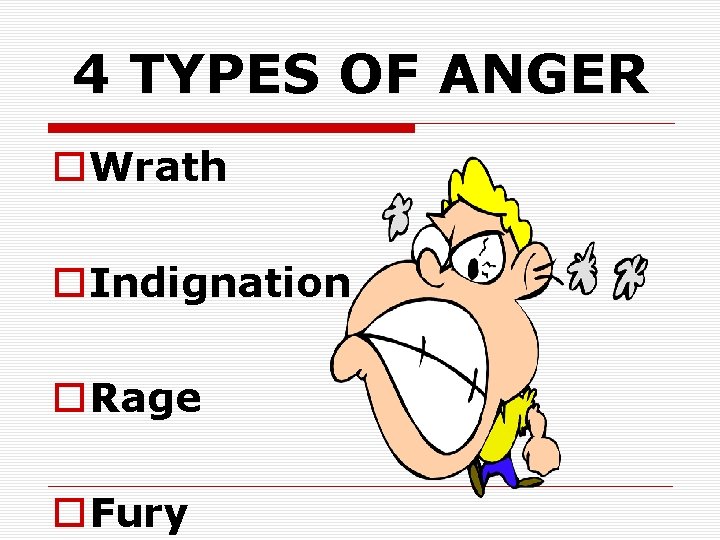 4 TYPES OF ANGER o. Wrath o. Indignation o. Rage o. Fury 