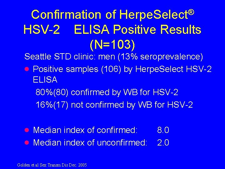 Confirmation of Herpe. Select® HSV-2 ELISA Positive Results (N=103) Seattle STD clinic: men (13%