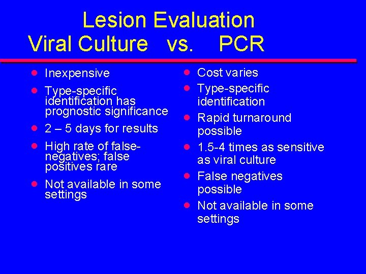Lesion Evaluation Viral Culture vs. PCR · · · Inexpensive Type-specific identification has prognostic