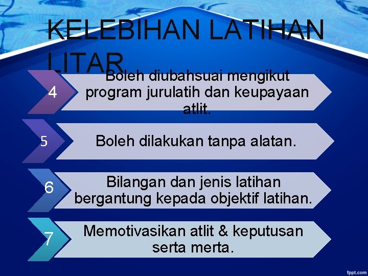 KELEBIHAN LATIHAN LITAR Boleh diubahsuai mengikut 4 5 program jurulatih dan keupayaan atlit. Boleh