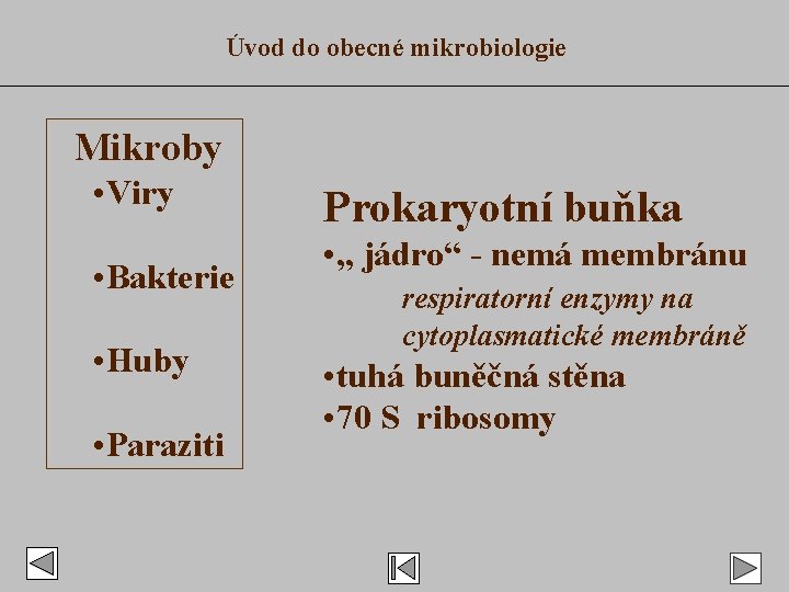 Úvod do obecné mikrobiologie Mikroby • Viry • Bakterie • Huby • Paraziti Prokaryotní