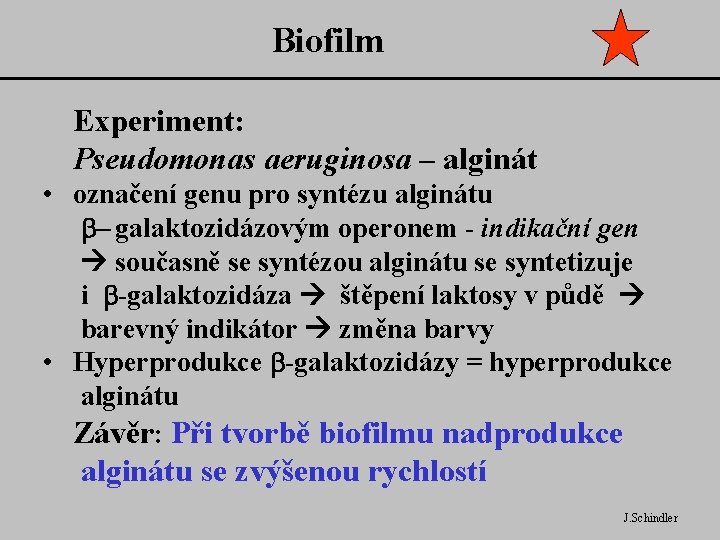 Biofilm Experiment: Pseudomonas aeruginosa – alginát • označení genu pro syntézu alginátu b- galaktozidázovým