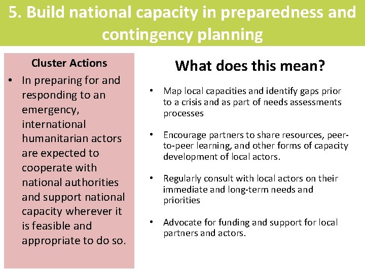 5. Build national capacity in preparedness and contingency planning Cluster Actions • In preparing