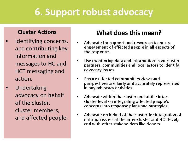 6. Support robust advocacy • • Cluster Actions Identifying concerns, and contributing key information