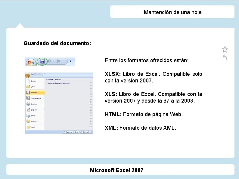 Mantención de una hoja Guardado del documento: Entre los formatos ofrecidos están: XLSX: Libro
