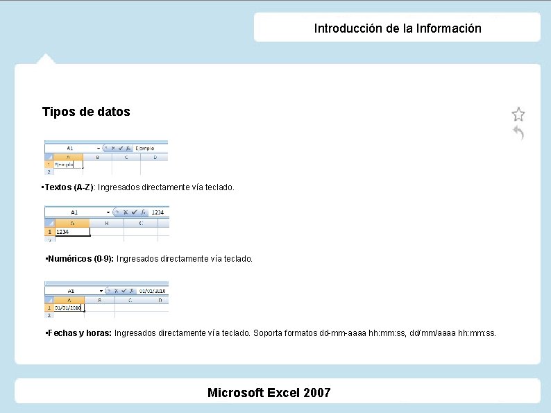 Introducción de la Información Tipos de datos • Textos (A-Z): Ingresados directamente vía teclado.