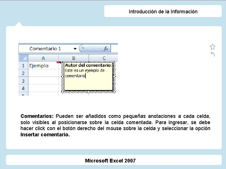 Introducción de la Información Comentarios: Pueden ser añadidos como pequeñas anotaciones a cada celda,