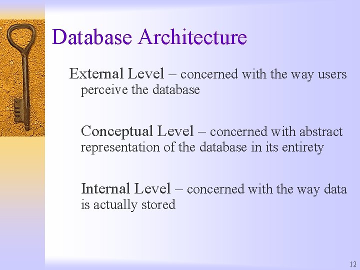 Database Architecture External Level – concerned with the way users perceive the database Conceptual