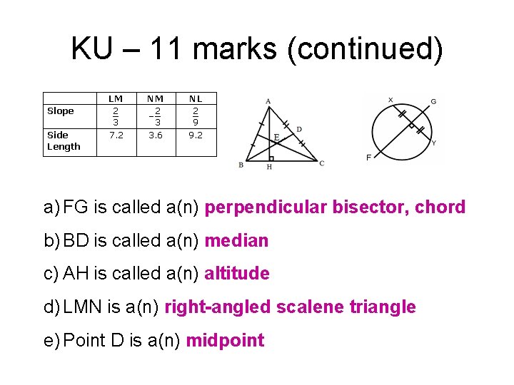 KU – 11 marks (continued) a) FG is called a(n) perpendicular bisector, chord b)